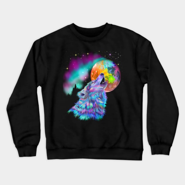 Colorful Rainbow Howling Wolf Crewneck Sweatshirt by starchildsdesigns